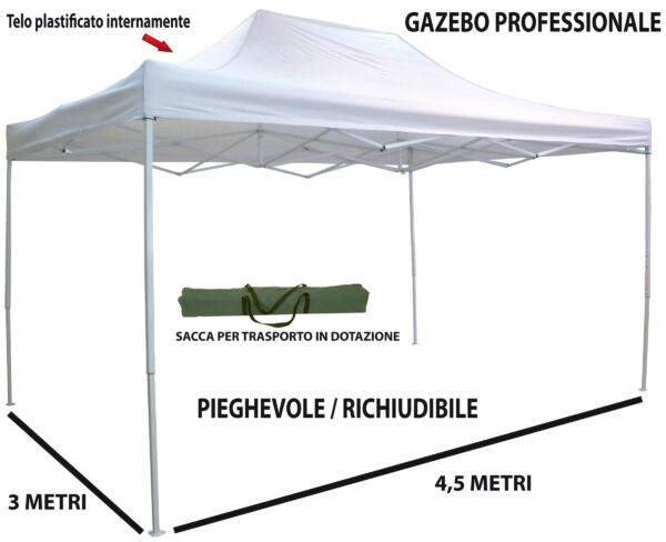 Gazebo pieghevole telescopico 3x4,5 m. telo bianco