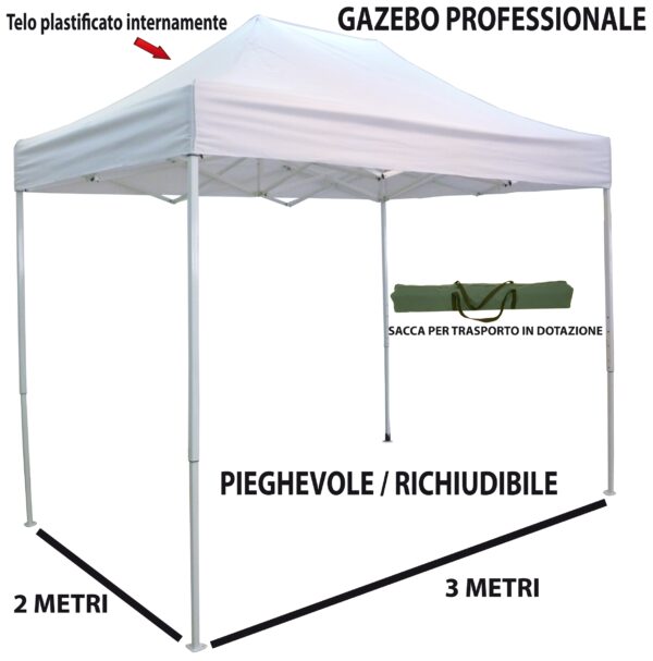 Gazebo pieghevole richiudibile telescopico 3x2 m. telo bianco per mercato fiera manifestazioni sagra campeggio giardino telo plastificato impermeabile anti pioggia