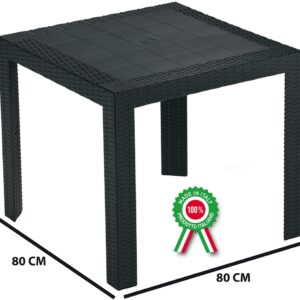 Tavolo quadrato 80x80 Saturno simil rattan in dura resina di plastica nero antracite con foro per ombrellone