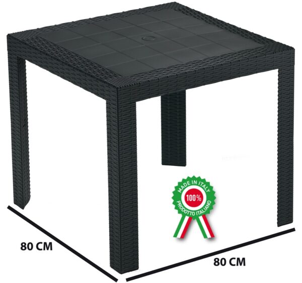 Tavolo quadrato 80x80 Saturno simil rattan in dura resina di plastica nero antracite con foro per ombrellone