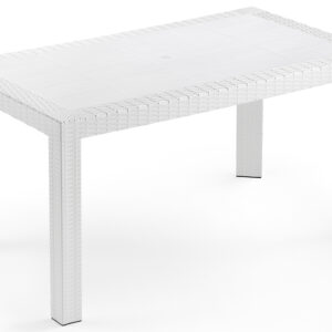 Tavolo tavolino rettangolare 140x80 Urano bianco simil rattan in dura resina di plastica con foro per ombrellone per esterno casa balcone bar da giardino