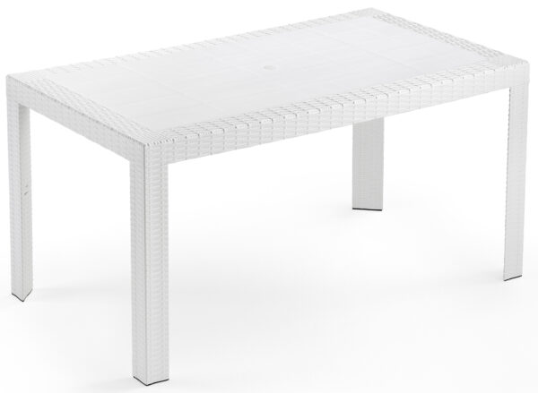 Tavolo tavolino rettangolare 140x80 Urano bianco simil rattan in dura resina di plastica con foro per ombrellone per esterno casa balcone bar da giardino