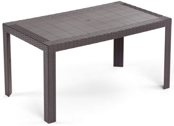 Tavolo tavolino rettangolare 140x80 Urano marrone simil rattan in dura resina di plastica con foro per ombrellone per esterno casa balcone bar da giardino