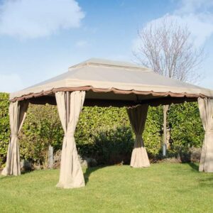 Gazebo lusso Roma da giardino 3x4 metri con teli laterali scorrevoli impermeabile ecrù in metallo nero satinato antiruggine e tetto anti vento pali portanti diametro 6 cm