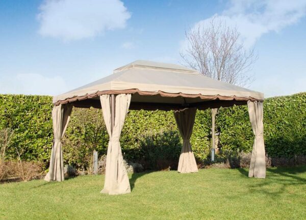 Gazebo lusso Roma da giardino 3x4 metri con teli laterali scorrevoli impermeabile ecrù in metallo nero satinato antiruggine e tetto anti vento pali portanti diametro 6 cm