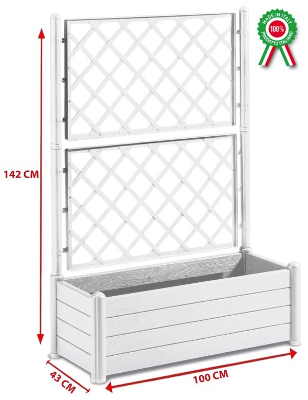 Fioriera rettangolare 100x43x142h cm con grata divisorio separè e porta vaso bianca in dura plastica di resina