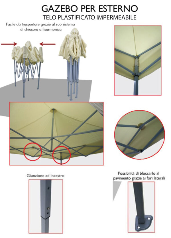 Gazebo pieghevole richiudibile telescopico 3x3 m. telo bianco per mercato fiera manifestazioni sagra campeggio giardino telo plastificato impermeabile anti pioggia