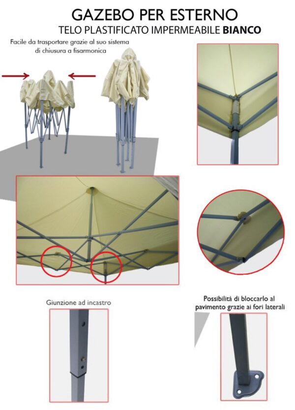 Gazebo pieghevole telescopico 3x4,5 m. telo bianco con teli laterali