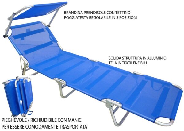 Lettino Brandina Prendisole blu alluminio mare campeggio giardino piscina