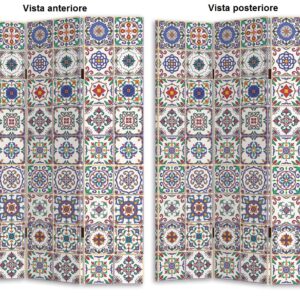 Separè paravento divisorio in legno con pannello colorato mattonelle maioliche in canapa plastificato