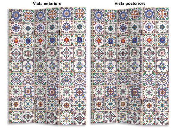 Separè paravento divisorio in legno con pannello colorato mattonelle maioliche in canapa plastificato