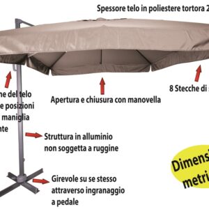 Ombrellone pensile quadrato 3x3 metri palo laterale decentrato in alluminio nero telo tortora regolabile