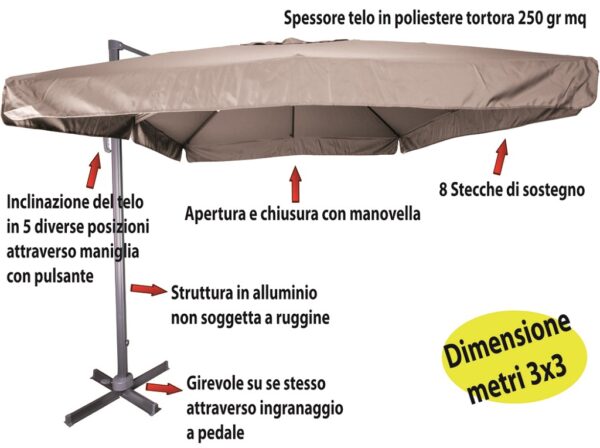 Ombrellone pensile quadrato 3x3 metri palo laterale decentrato in alluminio nero telo tortora regolabile