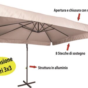 Ombrellone pensile con telo tortora quadrato 3x3 metri palo laterale decentrato in alluminio nero