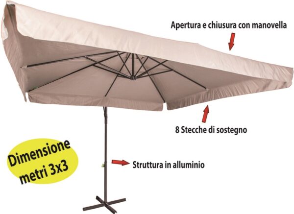 Ombrellone pensile con telo tortora quadrato 3x3 metri palo laterale decentrato in alluminio nero