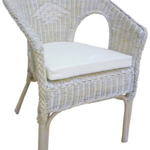 Poltrona Kelek in vimini bambù rattan e giunco bianco shabby con cuscino