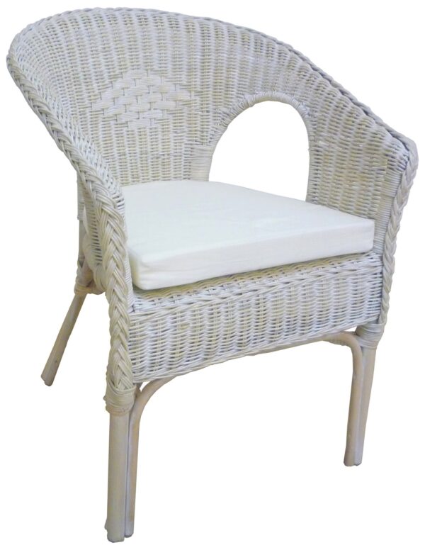 Poltrona Kelek in vimini bambù rattan e giunco bianco shabby con cuscino