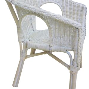 Poltrona Kelek in vimini bambù rattan e giunco bianco shabby con cuscino