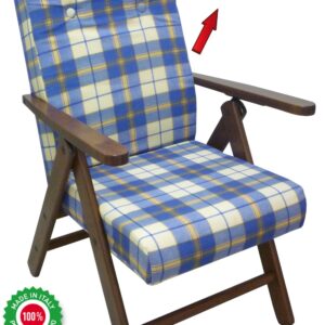 Poltrona Molisana in legno di faggio marrone con cuscino blu scozzese