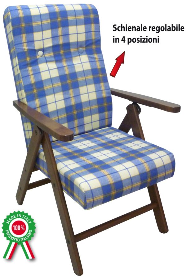 Poltrona Molisana in legno di faggio marrone con cuscino blu scozzese