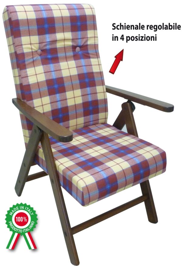 Poltrona Molisana in legno di faggio marrone con cuscino bordeaux scozzese