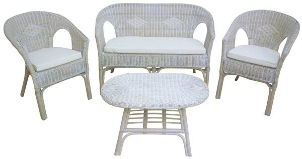 Set completo salotto in vimini bambù e rattan Kelek bianco shabby chic