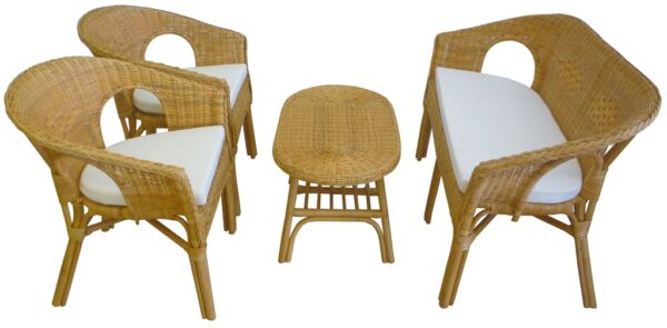 Set completo salotto in vimini bambù rattan e giunco naturale divano poltrone tavolo Kelek da esterno interno giardino veranda