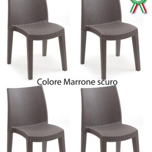 4 pz Poltrona sedia lady in dura resina finto rattan vimini marrone scuro