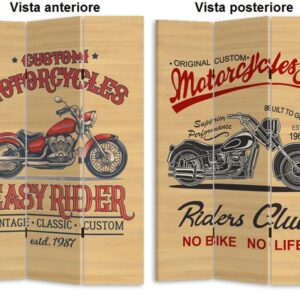 Separè crema con motocicletta in legno con pannello colorato in canapa plastificato