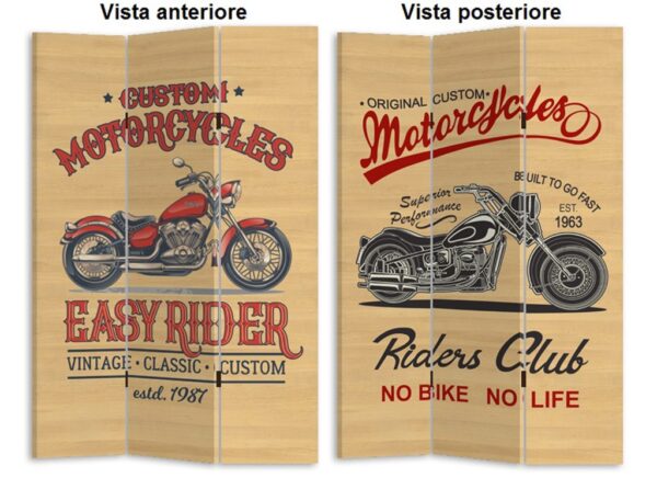 Separè crema con motocicletta in legno con pannello colorato in canapa plastificato