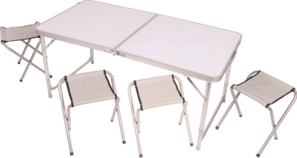 Set tavolo pieghevole in alluminio con 4 sgabelli 120x60 cm richiudibile a valigetta con manico