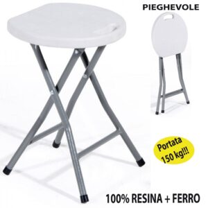 Sgabello rotondo pieghevole h46 cm in plastica bianco con manico struttura in metallo