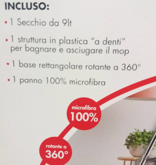 Mop Lavapavimenti con strizza panno e Secchio da 9 litri con manico a 2 Camere tessuto in microfibra rotante a 360 gradi